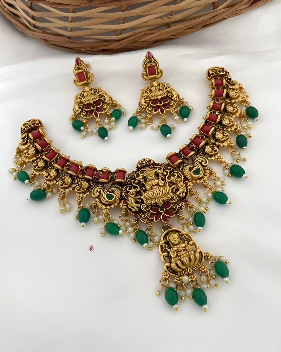 Jewel City Luxurious Lakshmi Goddess Temple Jewelry Necklace Set - Antique Gold with Emerald Green and Ruby Red Gemstones