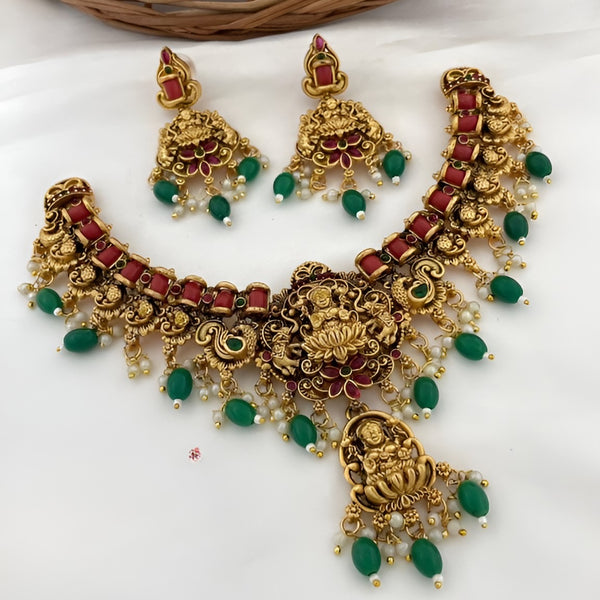 Jewel City Luxurious Lakshmi Goddess Temple Jewelry Necklace Set - Antique Gold with Emerald Green and Ruby Red Gemstones - Distacart