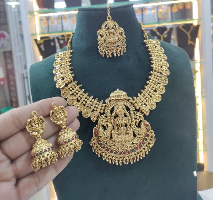 Jewel City Handcrafted Lakshmi Temple Jewelry Set - Traditional South Indian Antique Gold-Plated Necklace with Jhumka Earrings & Tikka Bridal Collection