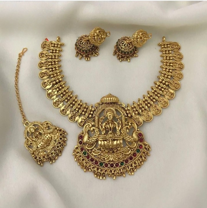 Jewel City Handcrafted Lakshmi Temple Jewelry Set - Traditional South Indian Antique Gold-Plated Necklace with Jhumka Earrings & Tikka Bridal Collection - Distacart