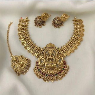 Jewel City Handcrafted Lakshmi Temple Jewelry Set - Traditional South Indian Antique Gold-Plated Necklace with Jhumka Earrings & Tikka Bridal Collection