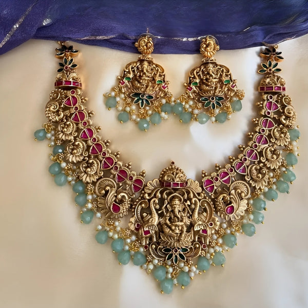 Jewel City Exquisite Ganesha Temple Jewelry Set - Antique Gold-Plated Necklace and Earrings with Ruby Pink Stones & Mint Green Beads (Premium Designer Collection) - Distacart