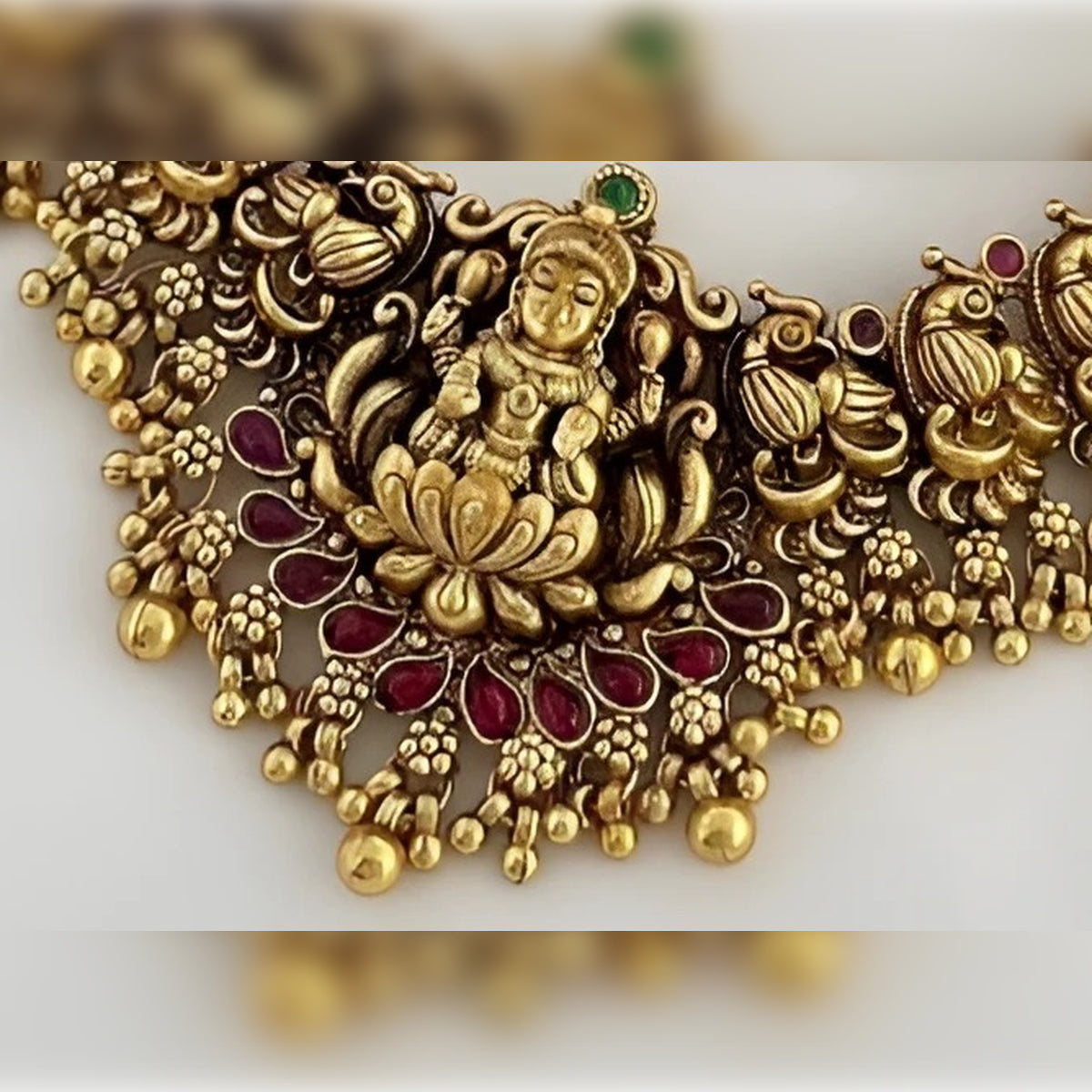 Jewel City Antique Gold Lakshmi Temple Choker Set - Traditional South Indian Necklace with Matching Jhumkas (Kemp Ruby Stone Collection)