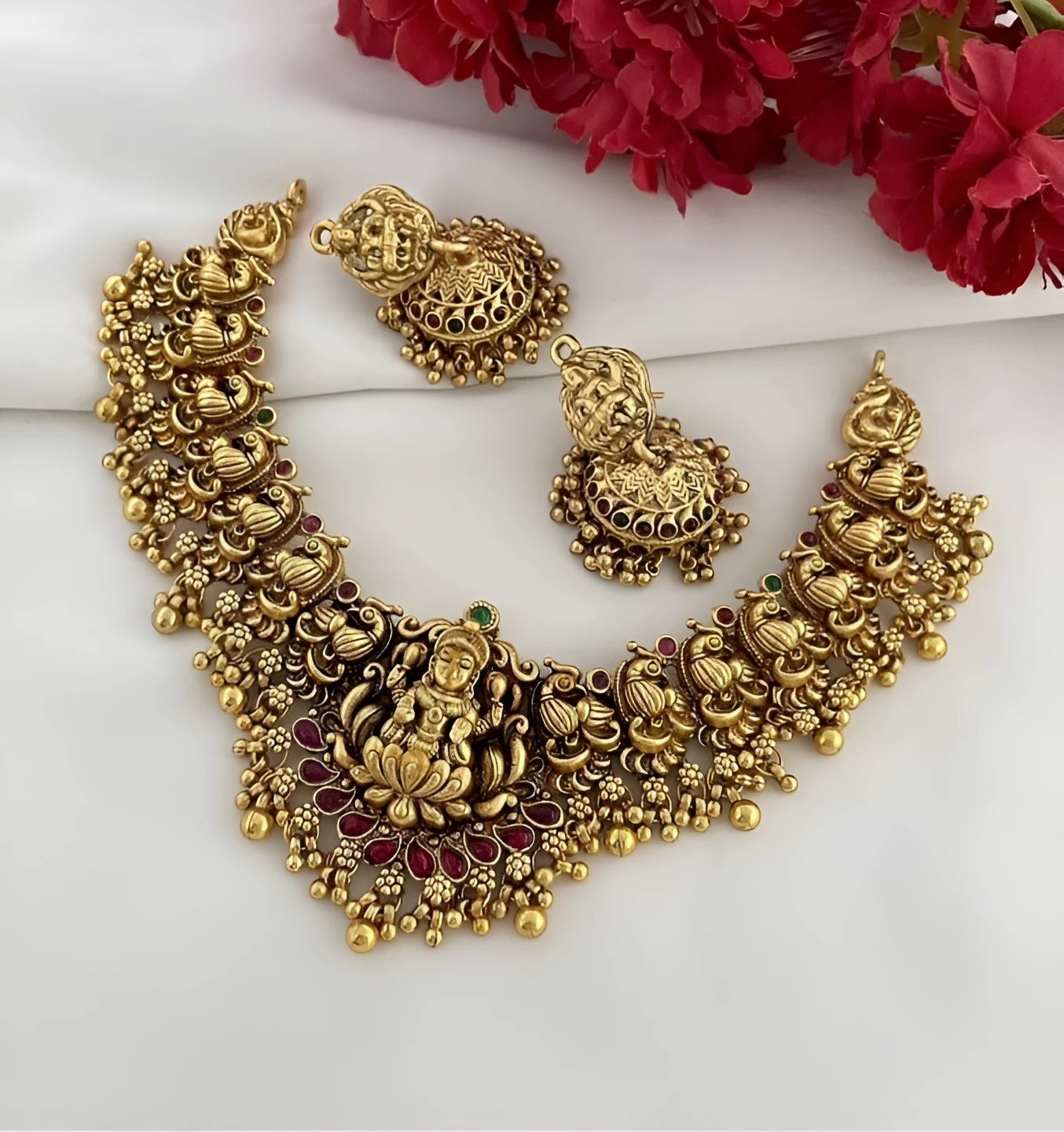 Jewel City Antique Gold Lakshmi Temple Choker Set - Traditional South Indian Necklace with Matching Jhumkas (Kemp Ruby Stone Collection)