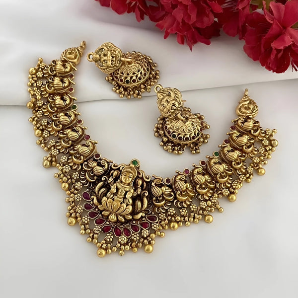 Jewel City Antique Gold Lakshmi Temple Choker Set - Traditional South Indian Necklace with Matching Jhumkas (Kemp Ruby Stone Collection) - Distacart
