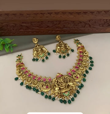 Jewel City Ganesha Temple Necklace Set - Antique Gold Finish with Emerald Drops & Ruby Pink Stones (Premium Bridal Collection) - Distacart