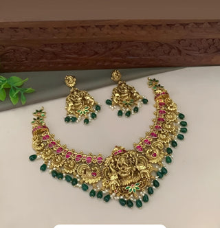 Jewel City Ganesha Temple Necklace Set - Antique Gold Finish with Emerald Drops & Ruby Pink Stones (Premium Bridal Collection)