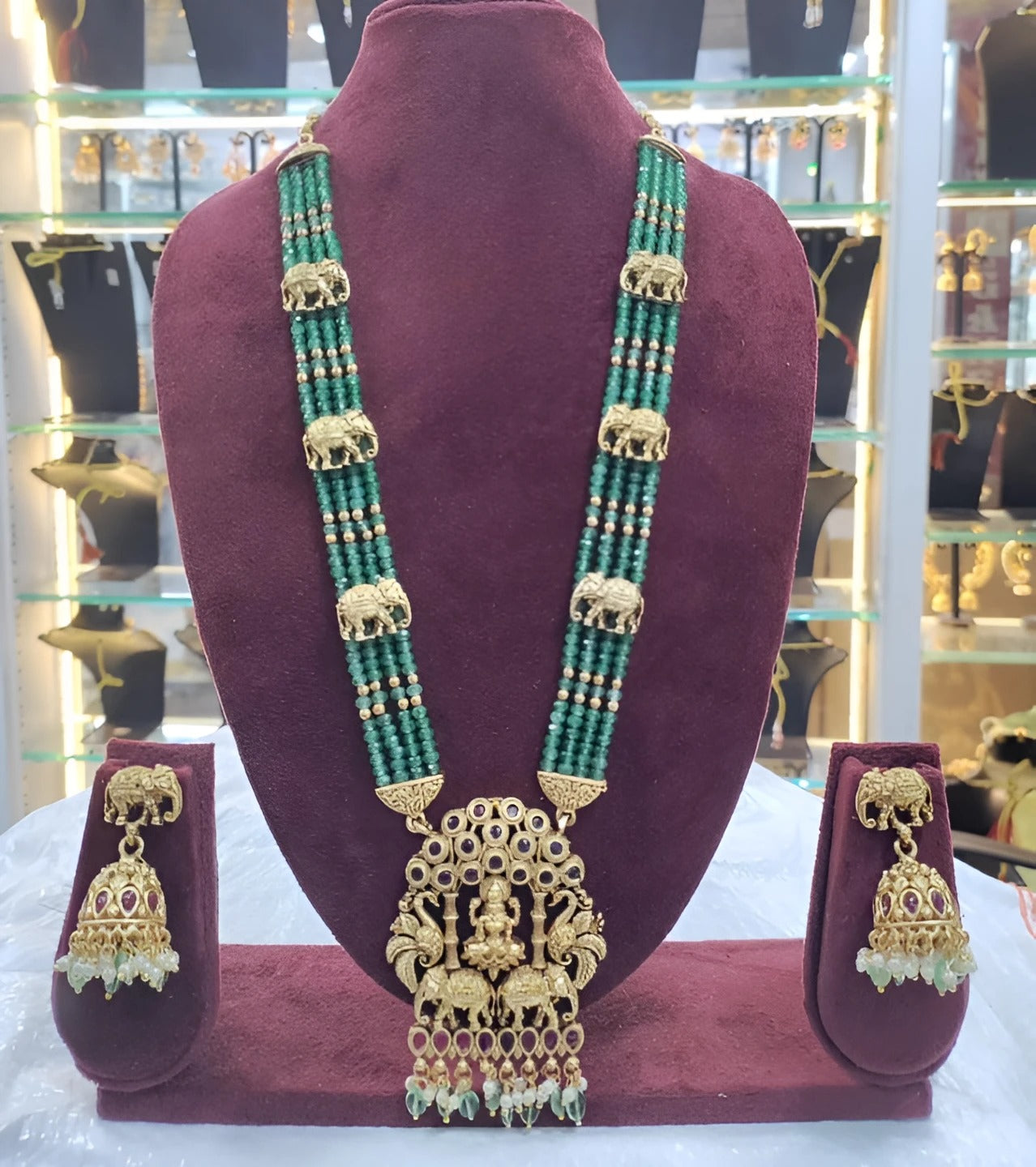 Jewel City Royal Elephant Emerald Beaded Necklace Set - Antique Gold Temple Jewelry with Ruby Accents (Designer Collection)