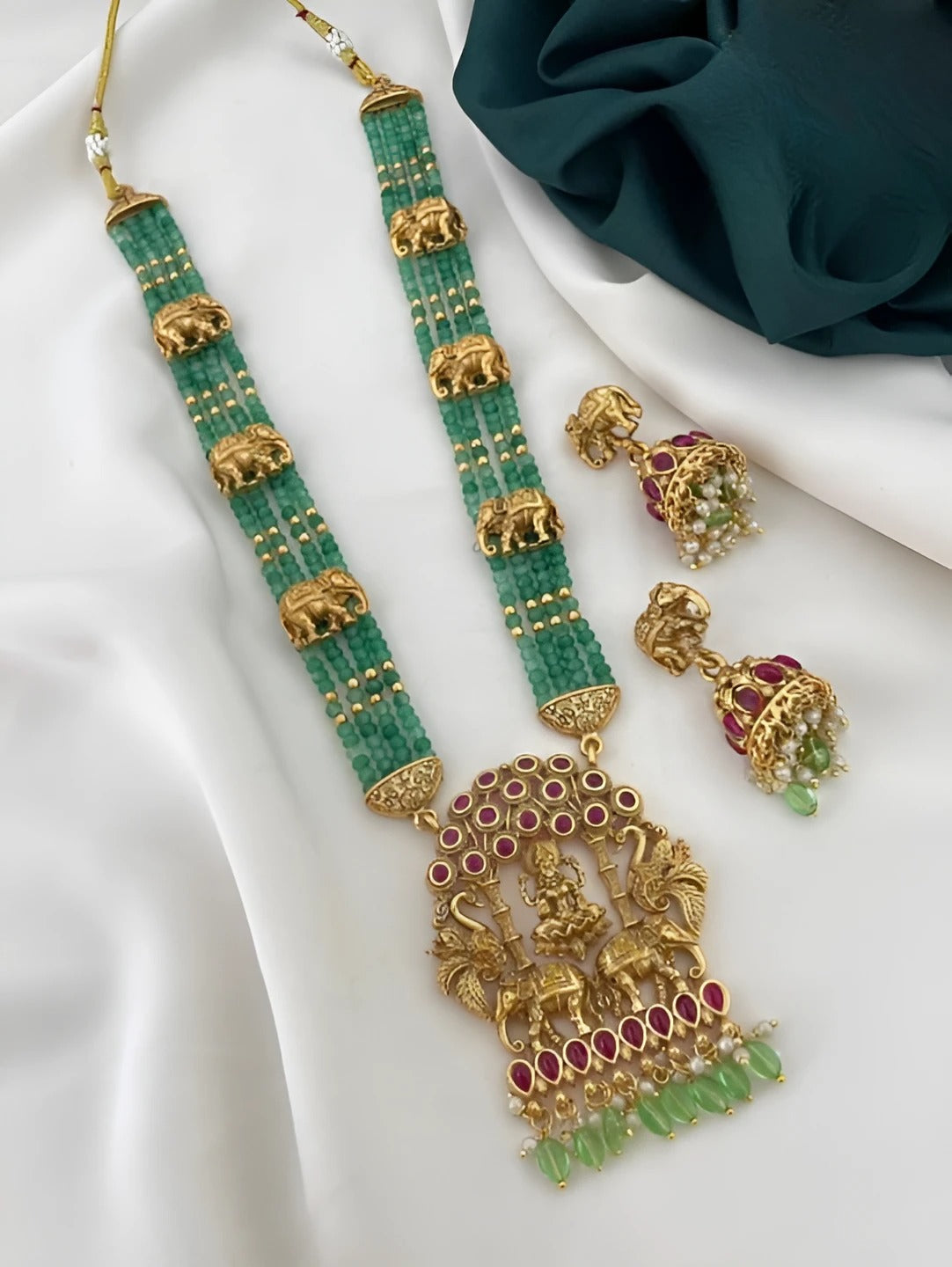 Jewel City Royal Elephant Emerald Beaded Necklace Set - Antique Gold Temple Jewelry with Ruby Accents (Designer Collection)