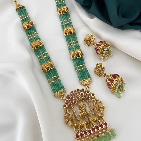 Jewel City Royal Elephant Emerald Beaded Necklace Set - Antique Gold Temple Jewelry with Ruby Accents (Designer Collection)