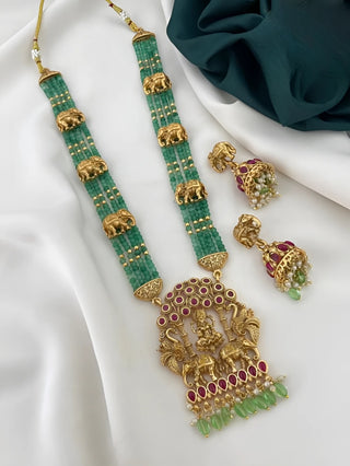 Jewel City Royal Elephant Emerald Beaded Necklace Set - Antique Gold Temple Jewelry with Ruby Accents (Designer Collection)
