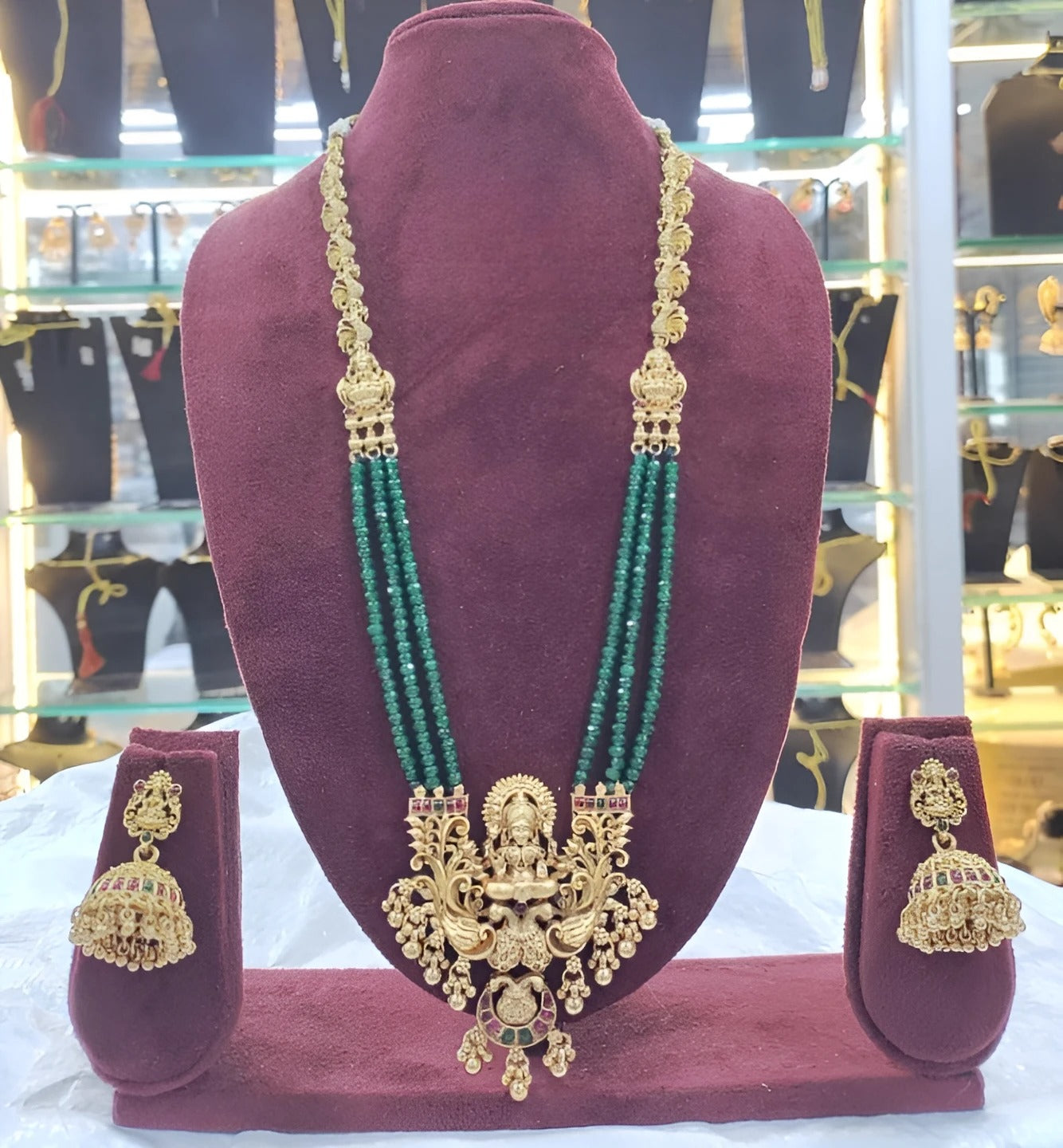 Jewel City Emerald Temple Necklace Set - Antique Gold Goddess Design with Multi-Strand Beads (Traditional Collection)