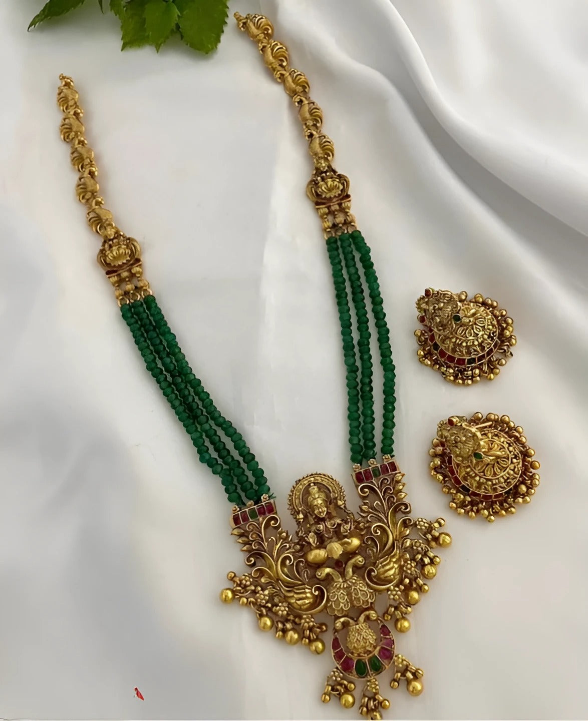 Jewel City Emerald Temple Necklace Set - Antique Gold Goddess Design with Multi-Strand Beads (Traditional Collection)