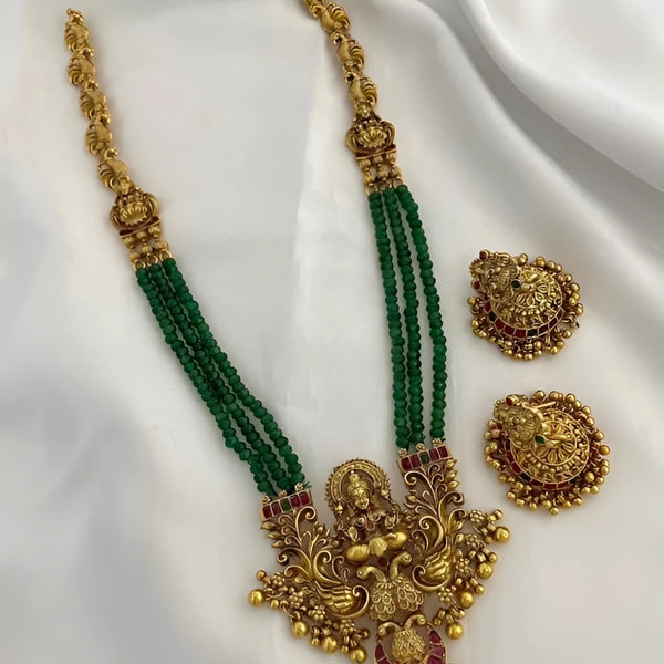 Jewel City Emerald Temple Necklace Set - Antique Gold Goddess Design with Multi-Strand Beads (Traditional Collection) - Distacart
