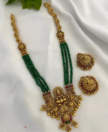 Jewel City Emerald Temple Necklace Set - Antique Gold Goddess Design with Multi-Strand Beads (Traditional Collection) - Distacart