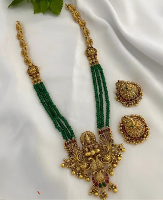 Jewel City Emerald Temple Necklace Set - Antique Gold Goddess Design with Multi-Strand Beads (Traditional Collection)