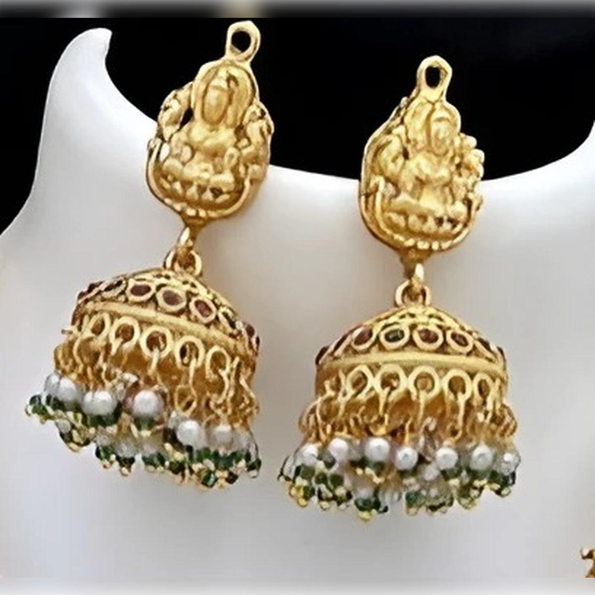 Jewel City Temple Jewelry Long Necklace Set - Antique Gold Lakshmi Design with Pearl Drops & Jhumka (Bridal Collection)