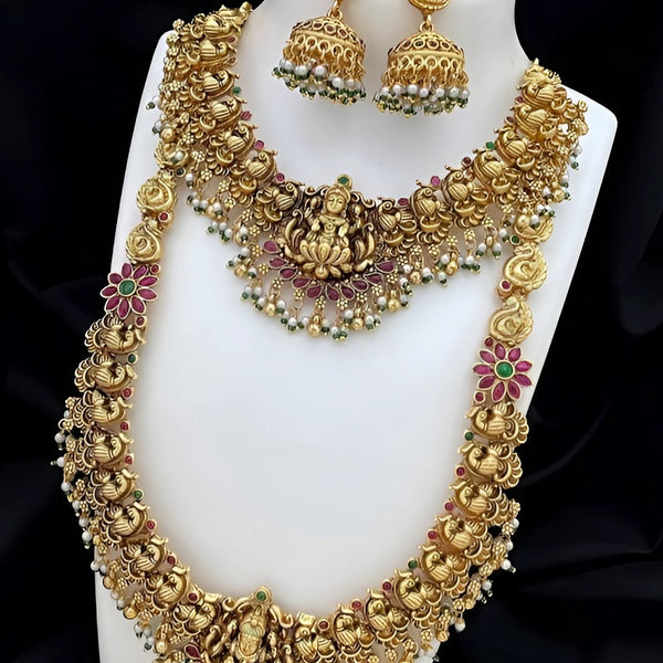 Jewel City Temple Jewelry Long Necklace Set - Antique Gold Lakshmi Design with Pearl Drops & Jhumka (Bridal Collection) - Distacart