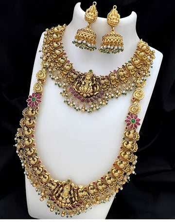 Jewel City Temple Jewelry Long Necklace Set - Antique Gold Lakshmi Design with Pearl Drops & Jhumka (Bridal Collection) - Distacart