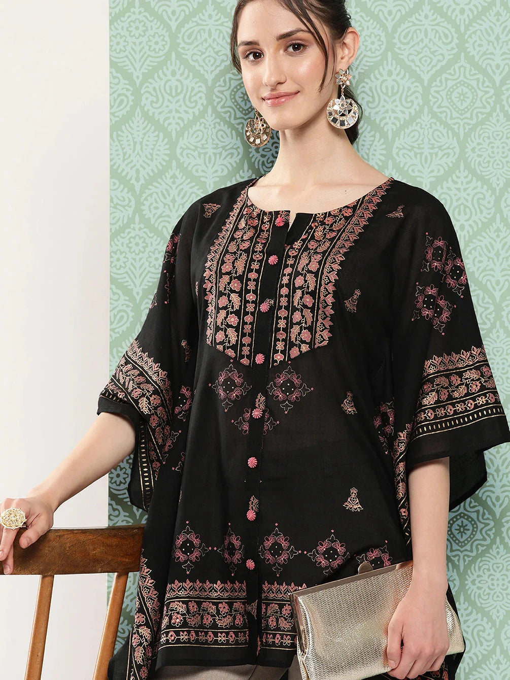 Yufta Printed Kimono Sleeve Ethnic Kaftan Top - Distacart