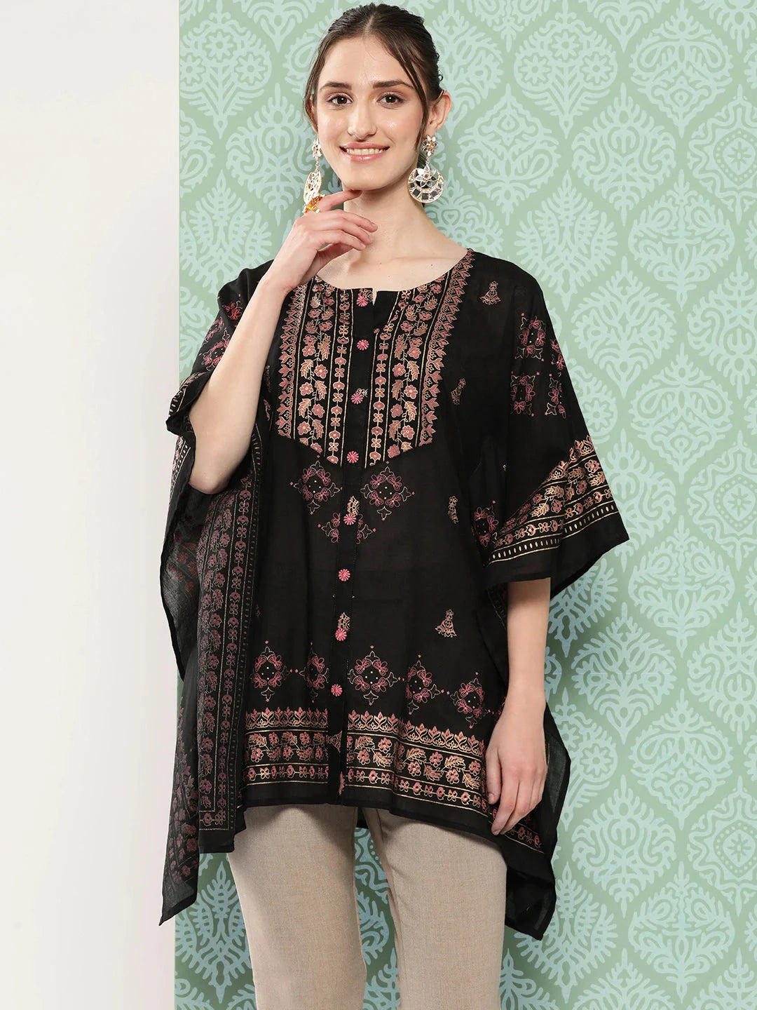 Yufta Printed Kimono Sleeve Ethnic Kaftan Top