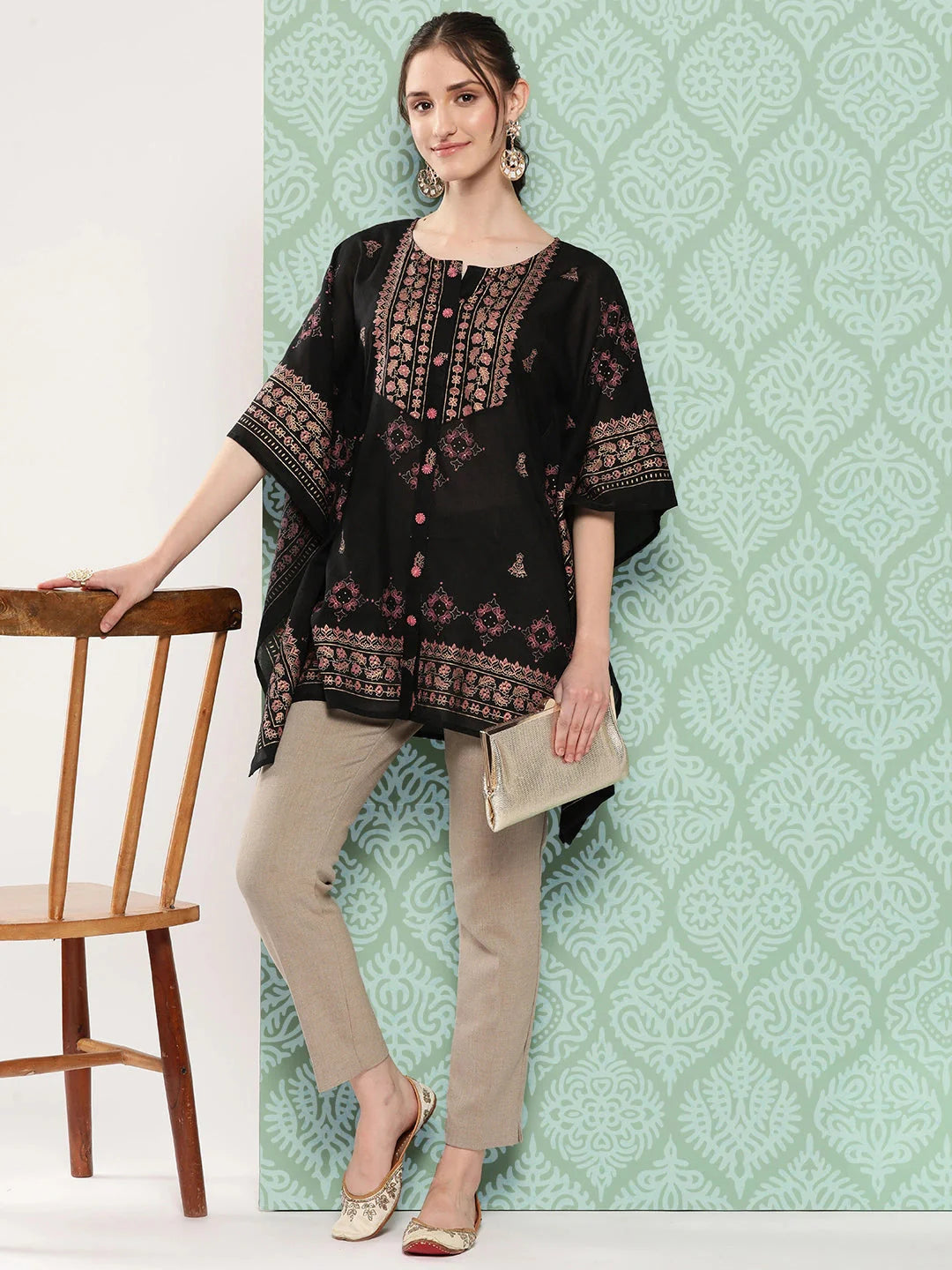 Yufta Printed Kimono Sleeve Ethnic Kaftan Top - Distacart
