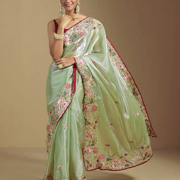 Teeya Creation Green Color Organza Silk Heavy Work Saree - Distacart