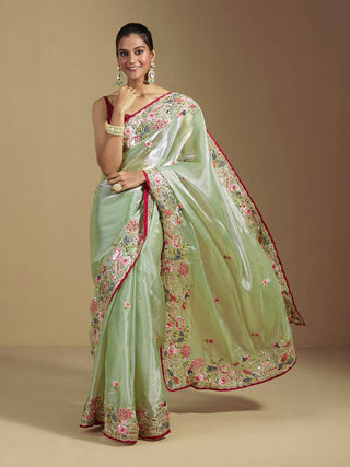 Teeya Creation Green Color Organza Silk Heavy Work Saree - Distacart