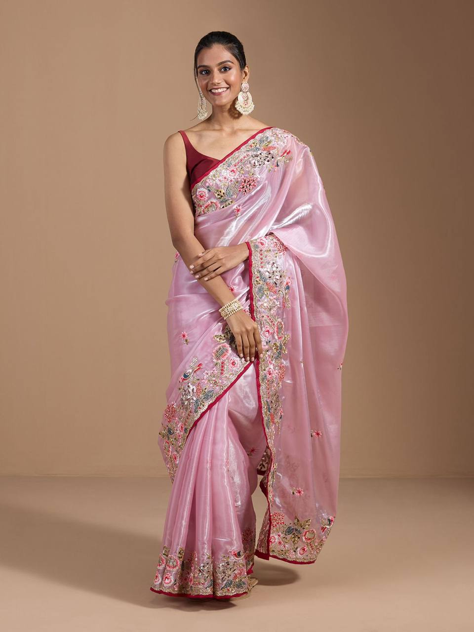 Teeya Creation Pink Color Organza Silk Heavy Work Saree - Distacart