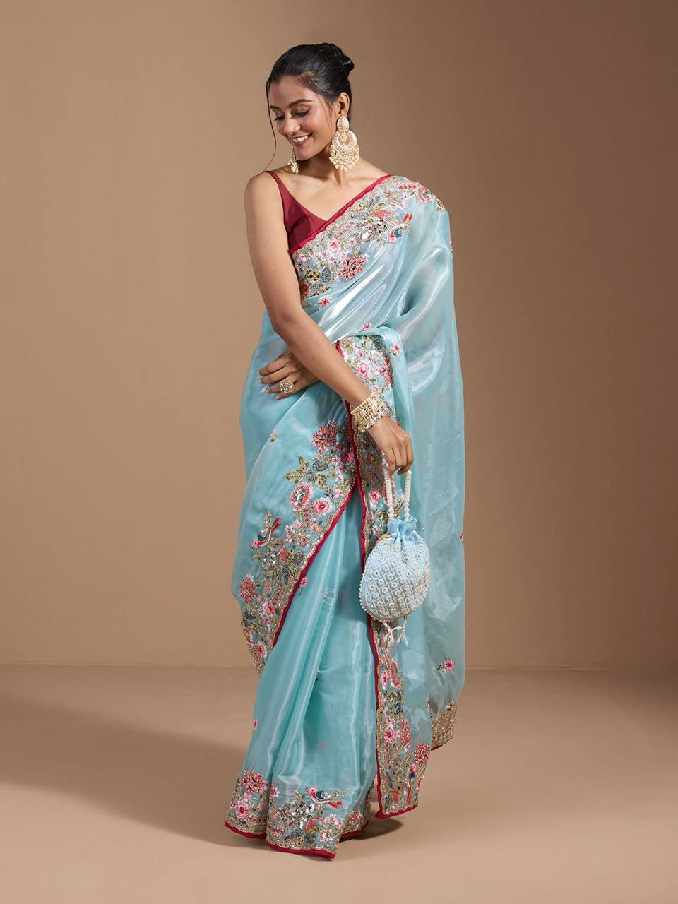Teeya Creation Sky Color Organza Silk Heavy Work Saree - Distacart
