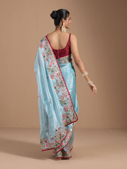 Teeya Creation Sky Color Organza Silk Heavy Work Saree - Distacart