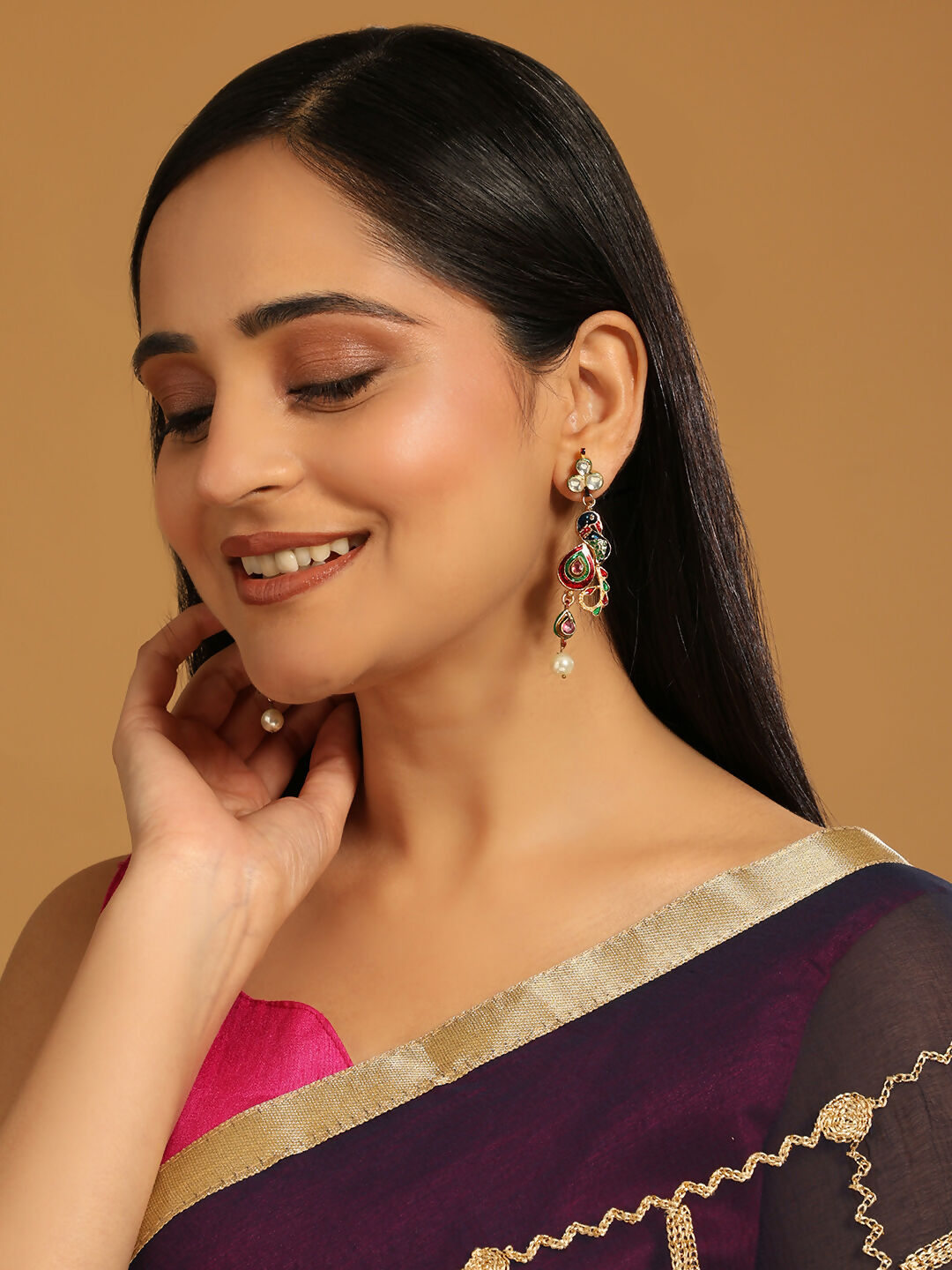 Nuyug 22K Gold Plated Pearl Drop Kundan Studded Ethnic Peacock Shaped Drop Earrings