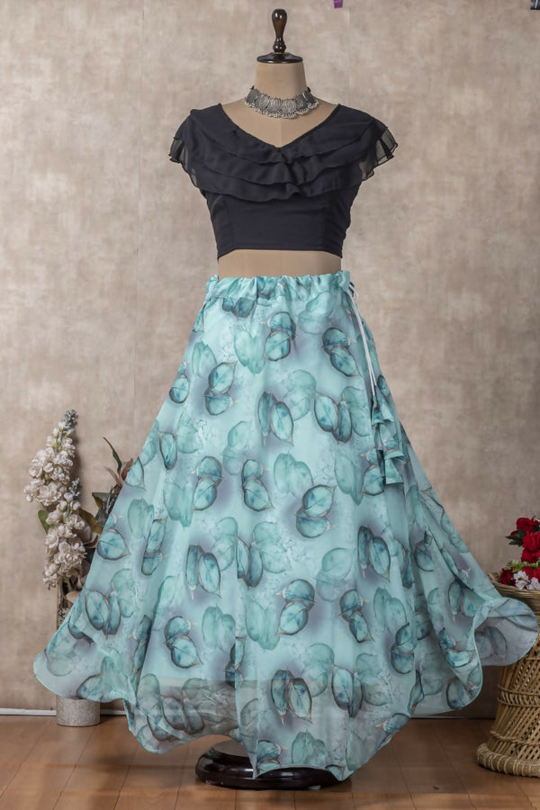 Preksha Creation Indian Festive Georgette Digital Print Women Lehenga Choli And Crop Top - Black & Green - Distacart
