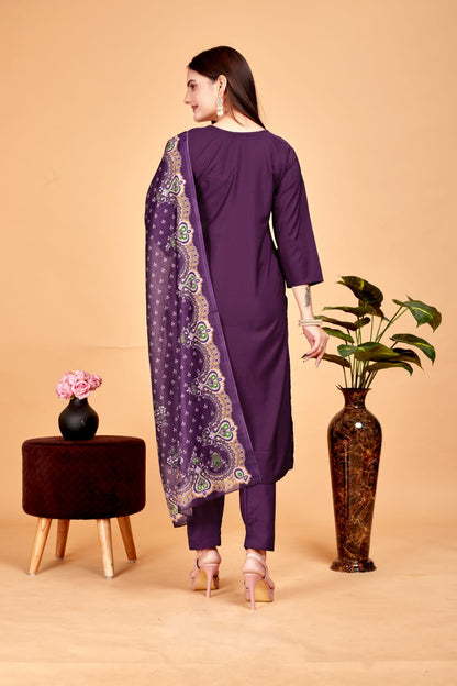 Women's Embroidered Purple Kurta Set with Dupatta Set - A2M - Distacart