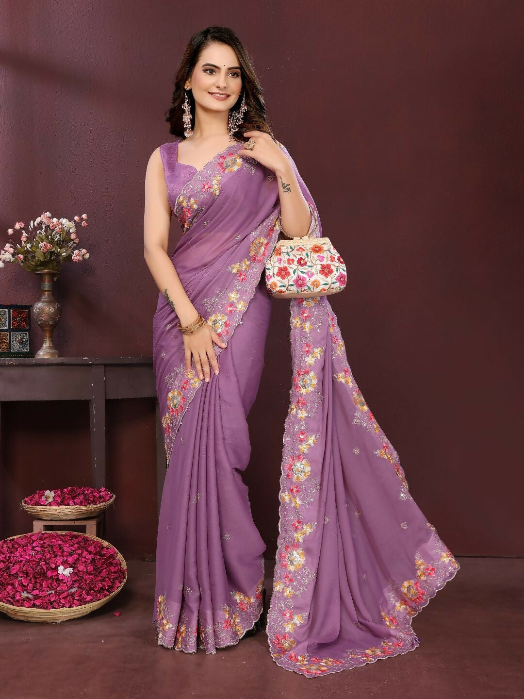 Ai Fashion Light Purple Soft Star Georgette Embroidery Party Wear Saree