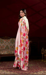 Thumbnail for Vastranavya Peach Satin Silk Floral Printed with Pearl Lace Saree with Unstitched Blouse - Distacart