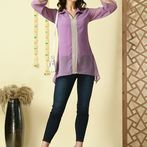 Myshka Women's Purple Embroidered Party Fusion Top - Distacart