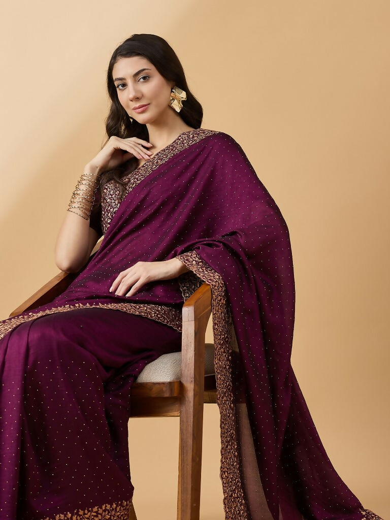 Purple Silk Blend Embroidered Saree with Unstitched Blouse - Vairagi - Distacart