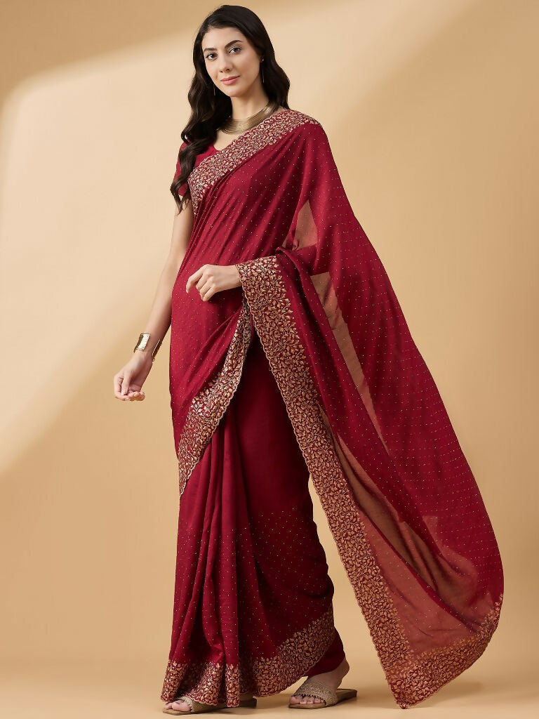 Maroon Silk Blend Embroidered Saree with Unstitched Blouse - Vairagi - Distacart