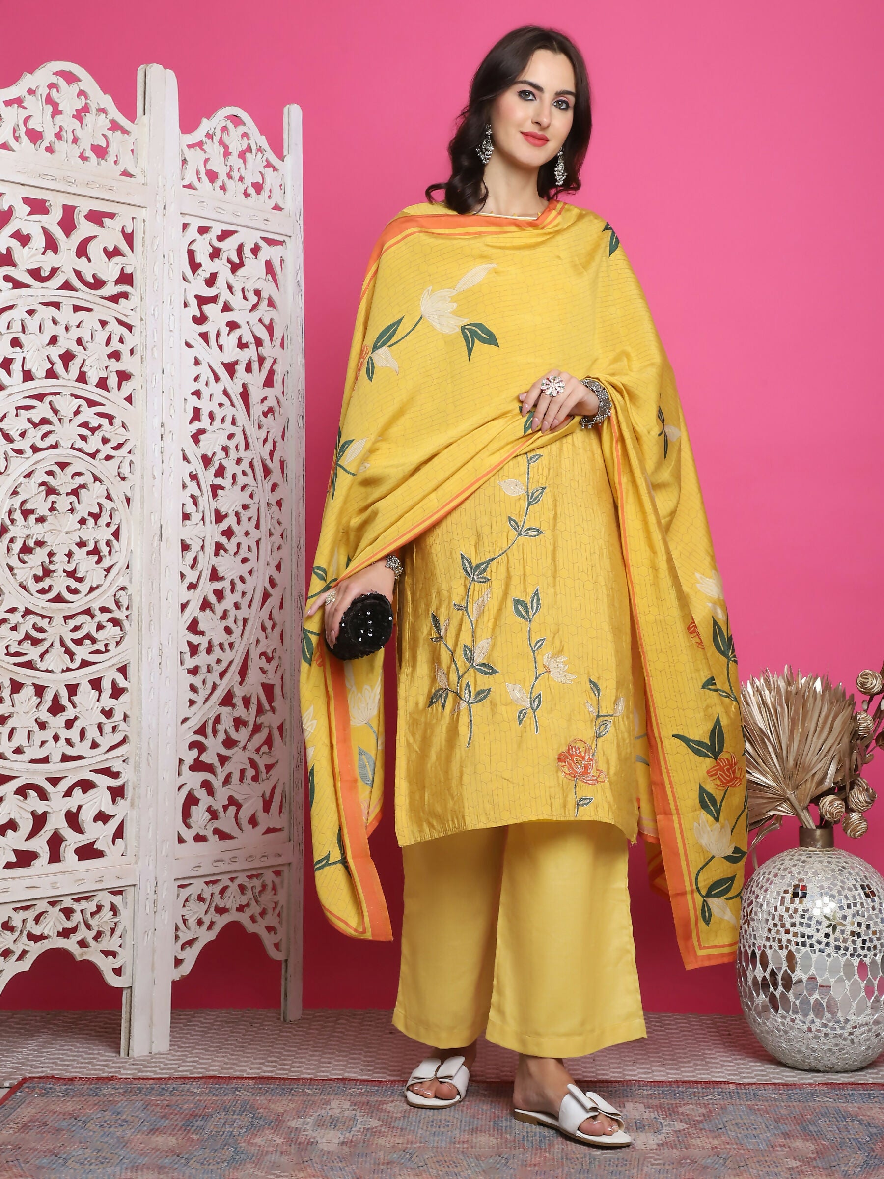 Jyoti Fashion Women's Yellow Muslin Floral Print with Jari & Crystal work Kurta with Trouser & Dupatta - Distacart