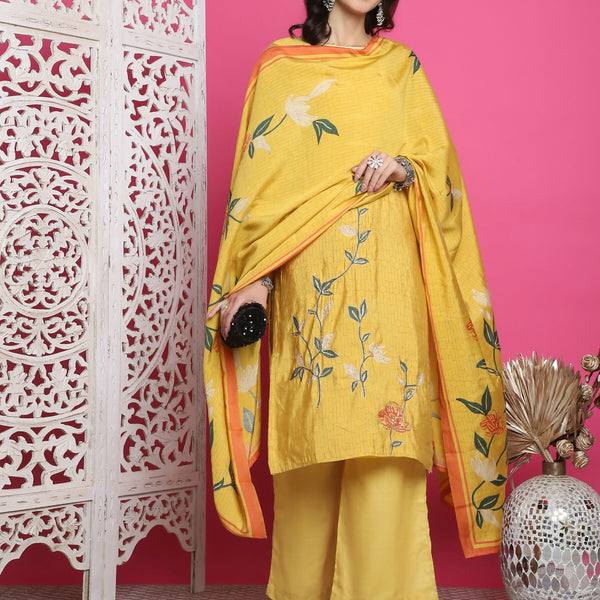 Jyoti Fashion Women's Yellow Muslin Floral Print with Jari & Crystal work Kurta with Trouser & Dupatta - Distacart