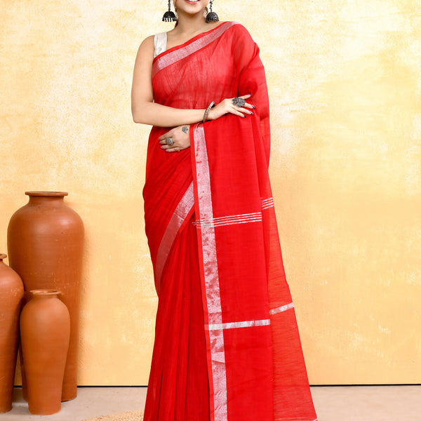 Piyari Fashion Women's Red Embellished Cotton Blend Zari Border Handloom Saree - Distacart