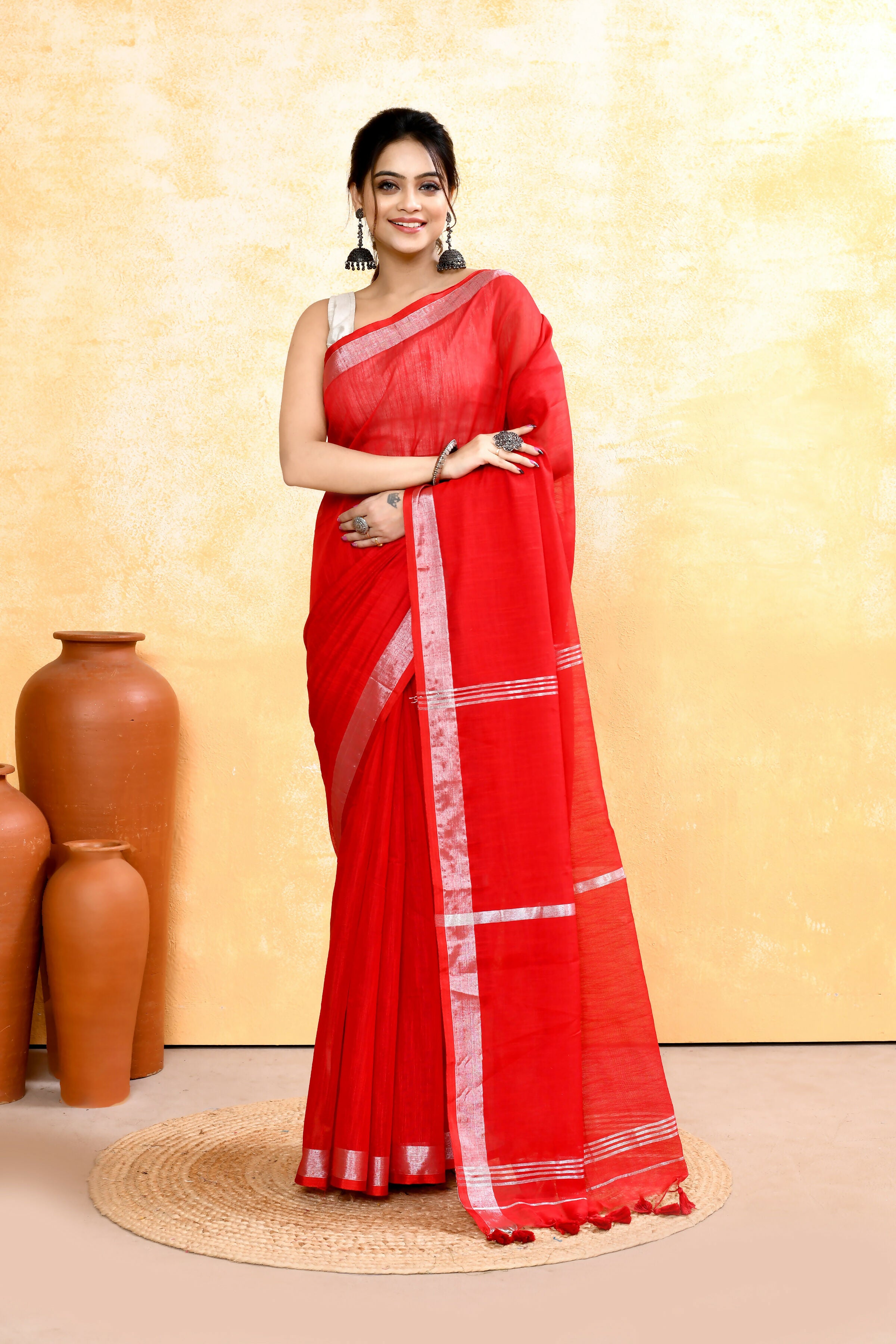 Piyari Fashion Women's Red Embellished Cotton Blend Zari Border Handloom Saree - Distacart