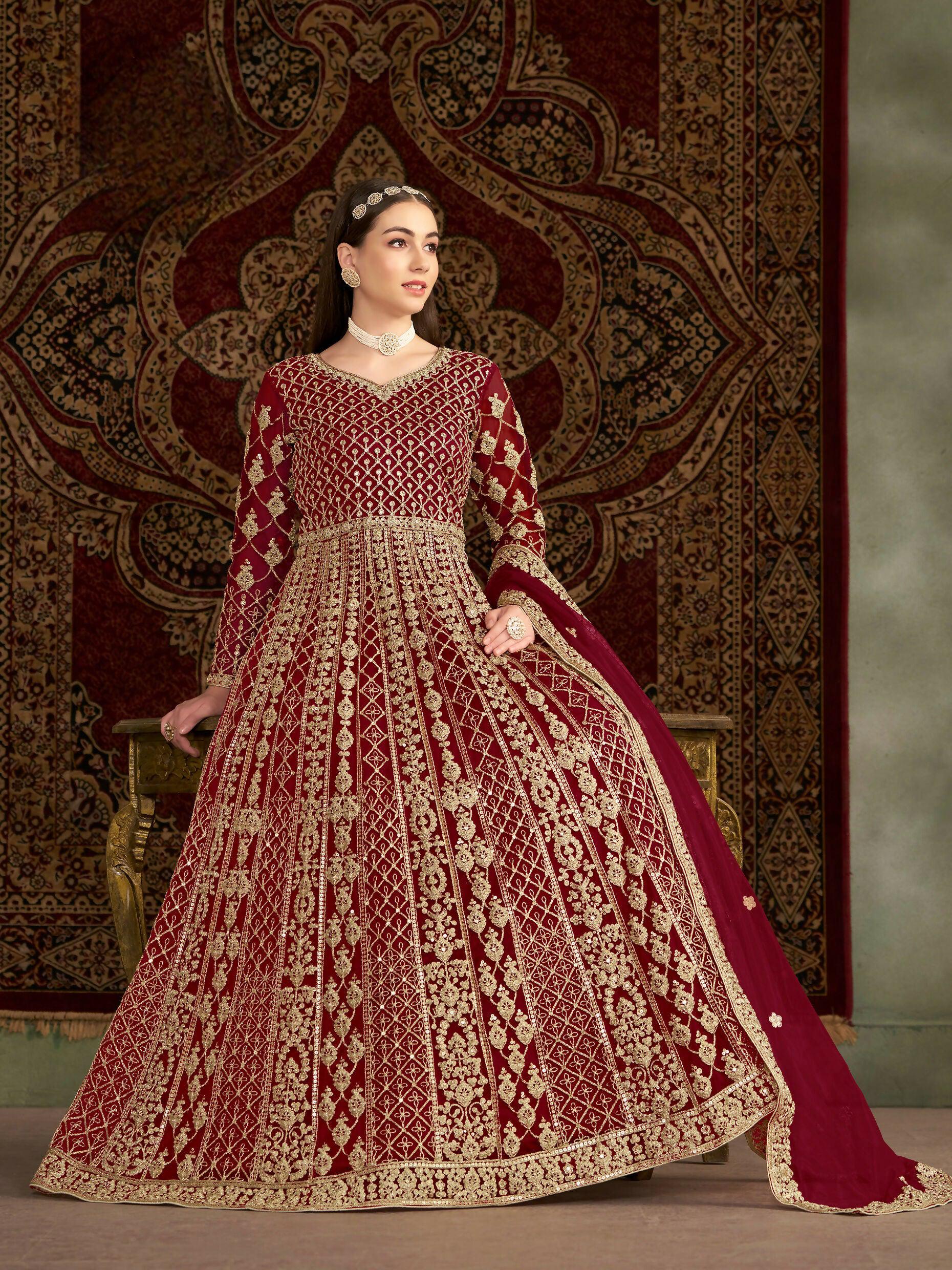 Anaita Maroon Embroidered Net Stitched Anarkali Suit - Distacart