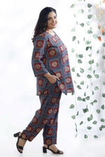 Thumbnail for Breathables Women’S Blue Cotton Geometric Print Loungewear Co-Ord Set – Hip-Length Kurta & Pants - Dista