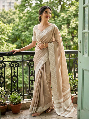 Shree Shyam Fashion Lite Brown Linen Saree - Distacart