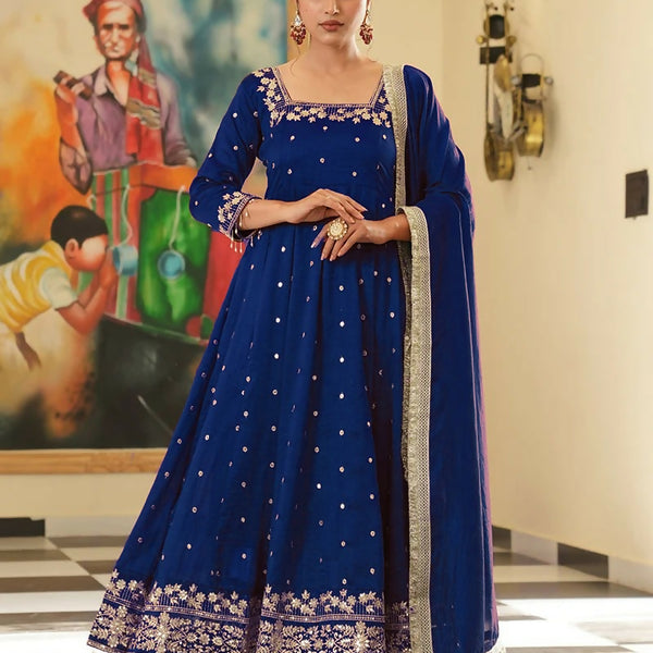 Teeya Creation Royal Blue Color Pure Vichitra Silk Embroidery Work Party Wear Gown - Distacart