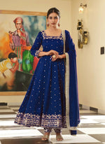 Thumbnail for Teeya Creation Royal Blue Color Pure Vichitra Silk Embroidery Work Party Wear Gown