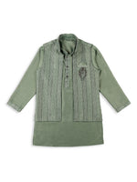Thumbnail for Joban Fashion Kids Island Embroidery Sequence Full Sleeves Kurta, Pyjama Set with Nehru Jacket - Green - Distacart