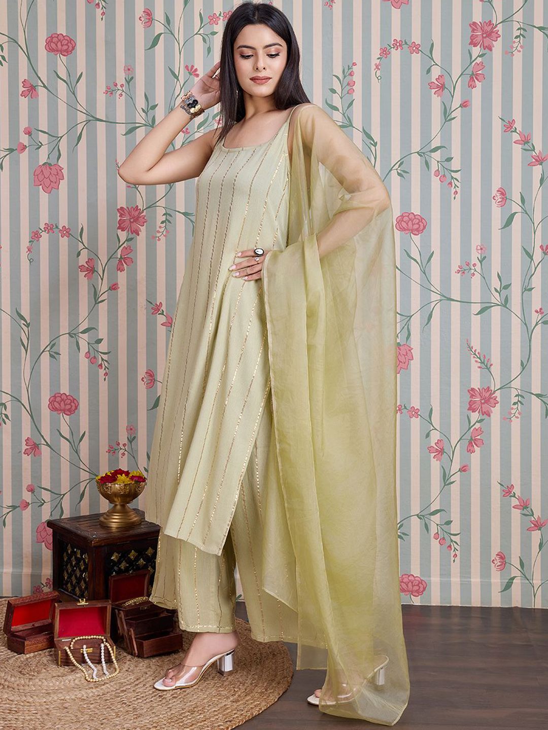 Ode by House of Pataudi Striped Straight Kurta with Palazzos & With Dupatta - Distacart